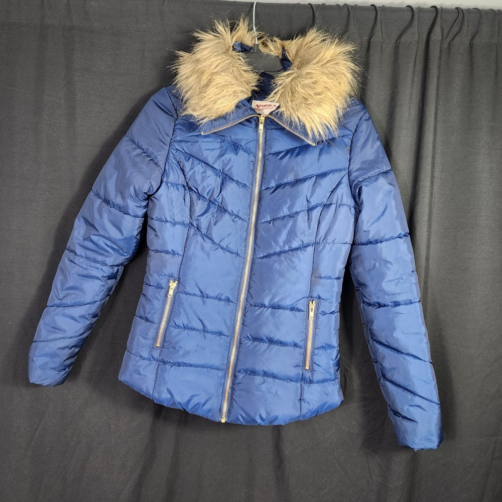Arizona Jeans Co Puffer Jacket Faux Fur Hood Blue Zip Pockets Womens Size S